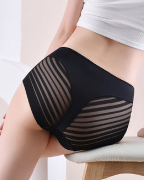 Women's Sexy Seamless Hollow Stripe Mesh Underwear Mid Waist Thong Shaping Briefs