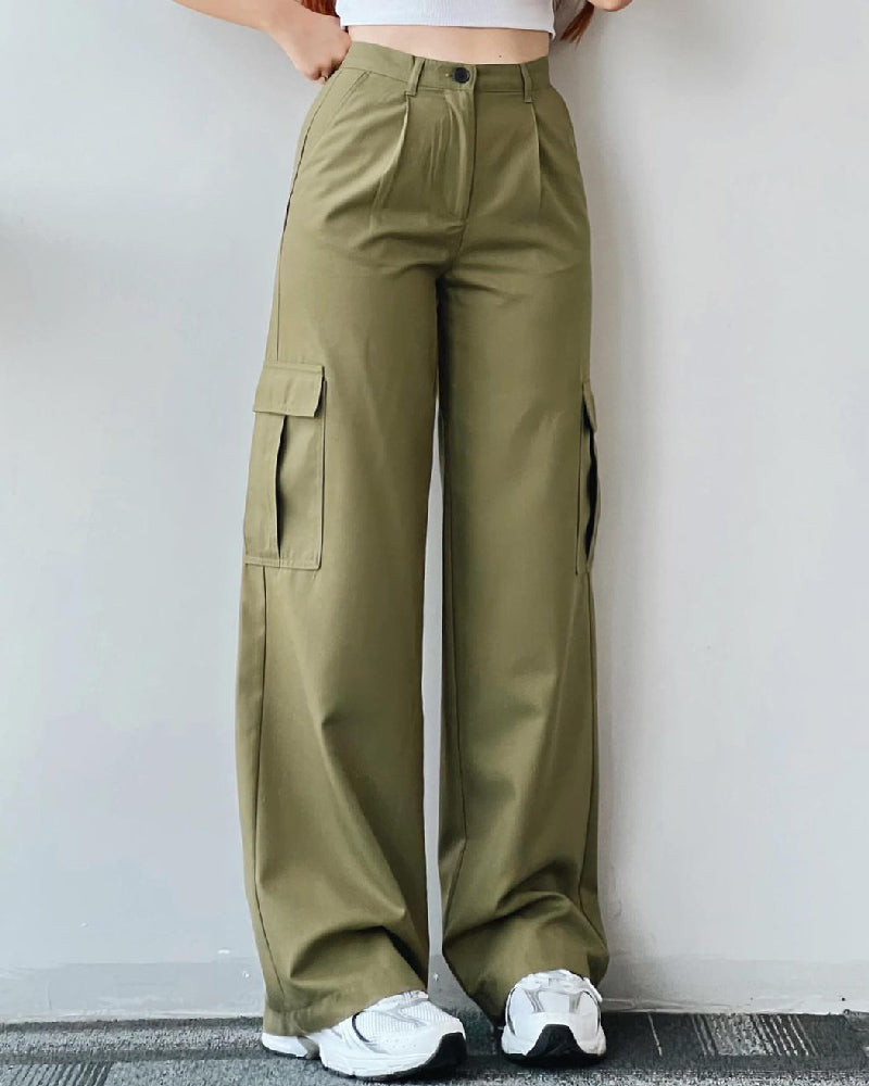 Pantalones vaqueros cargo rectos de talle medio para mujer, pantalones casuales con múltiples bolsillos