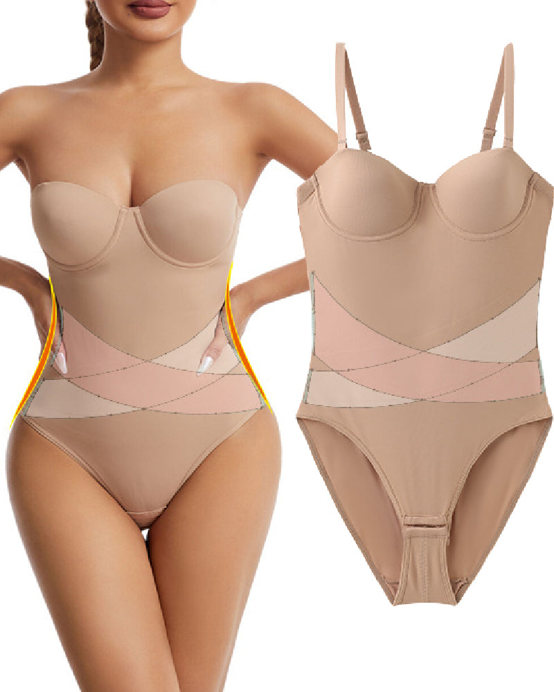 Women's Strapless Built-in Bra X Cross Tummy Control Bodysuit