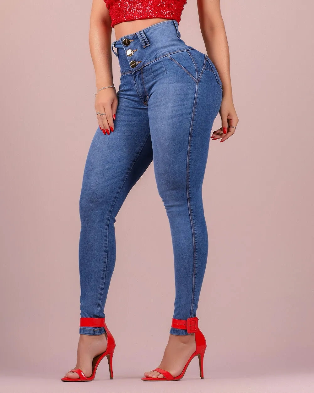 Jeans ajustados con bragueta de botones y cintura alta para mujer