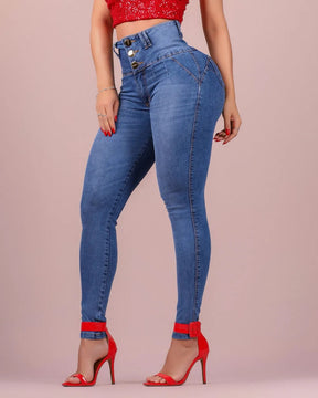 Jeans ajustados con bragueta de botones y cintura alta para mujer