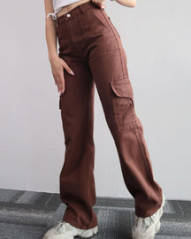 Pantalones vaqueros cargo rectos de talle medio para mujer, pantalones casuales con múltiples bolsillos