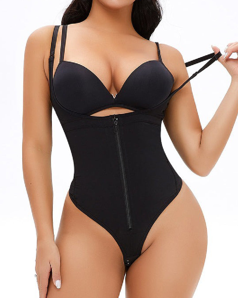 Faja sexy con control de barriga para mujer, busto abierto, moldeador de cuerpo, cremallera, talla grande, tanga