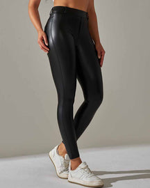 Fleece Lined PU Leather Pants With Pocket High Waisted and Butt Lift