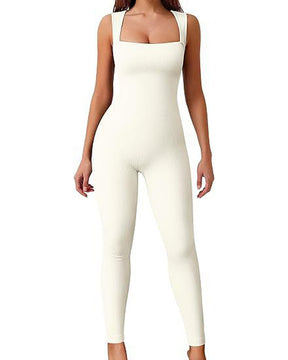 Solid Sleeveless Ribbed One Piece Bodysuit Square Neck Slim Full Body Jumpsuit