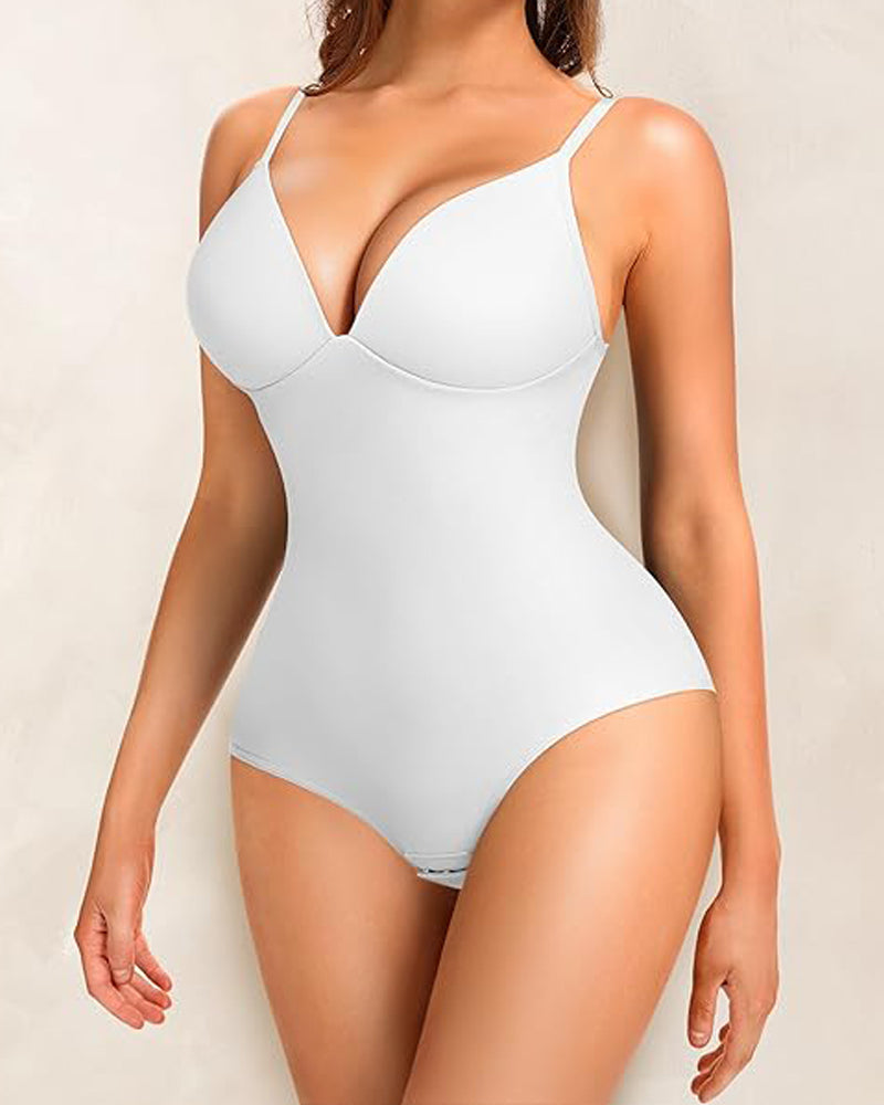 Deep V-Neck Smooth Tummy Control Bodysuits Shapewear with Built in Bra