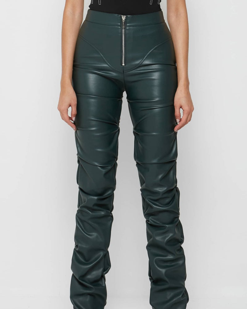 PU Leather Personalized Pleated Flared Pants