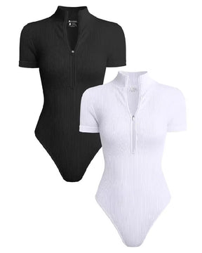 Women's Sexy Ribbed One Piece Short Sleeve Zip Front T shirt Bodysuits