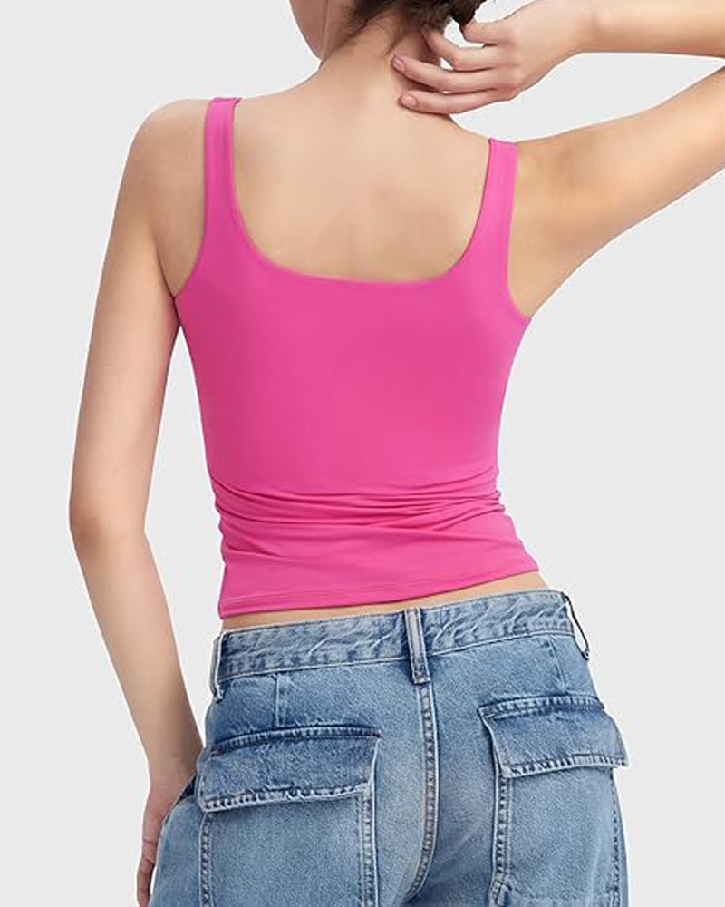 Camiseta sin mangas con cuello cuadrado para mujer, camisetas básicas sin mangas con doble forro