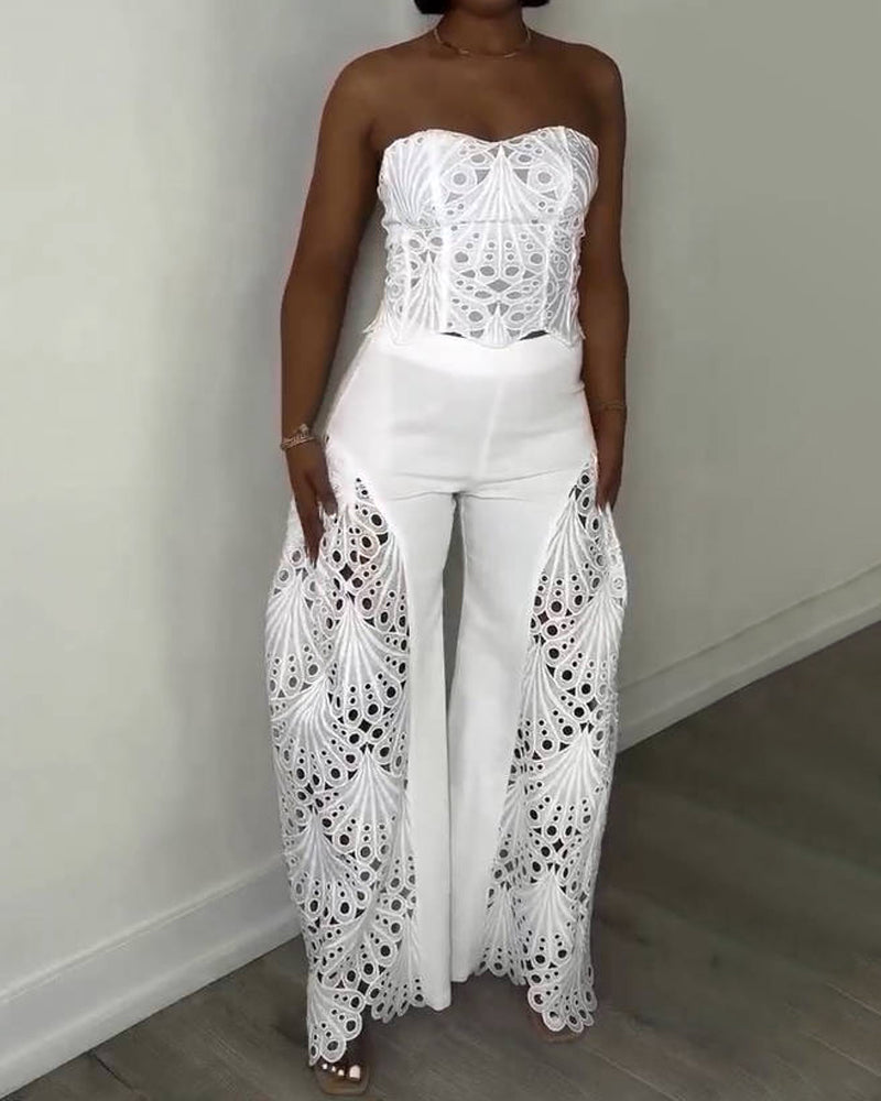Elegant Strapless Floral Eyelet Cutout Top & Wide Leg Pants Set