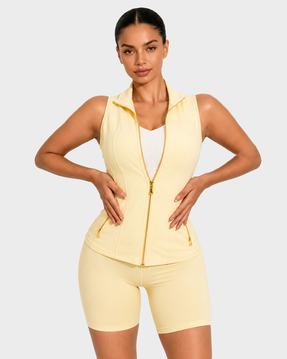Women's 2-Piece Minimalist Gold-Color Zipper Vest & Tight Above-The-Knee Shorts Set