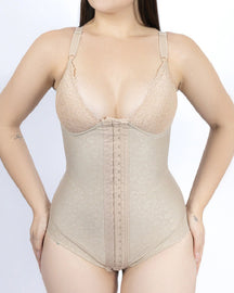 Satin Jacquard Slim Bodysuit Push Up Lace Cups Thong Body Shaper (Pre-Sale)