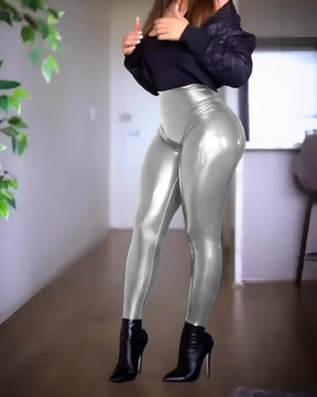 High Waisted Butt Lifter Leggings Shiny Faux Leather Pants