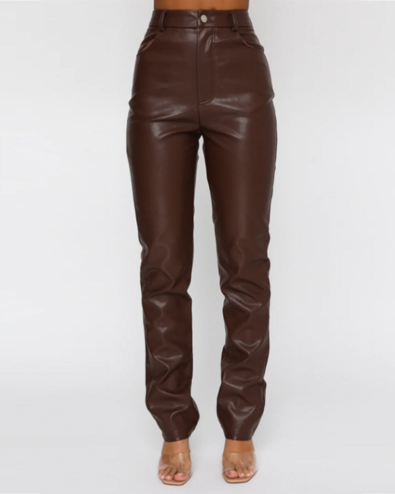 Simple High Waist PU Leather Casual Pants