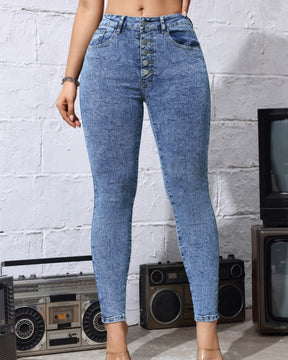 Washed Multi Button Stretch High Waisted Skinny Jeans for Women