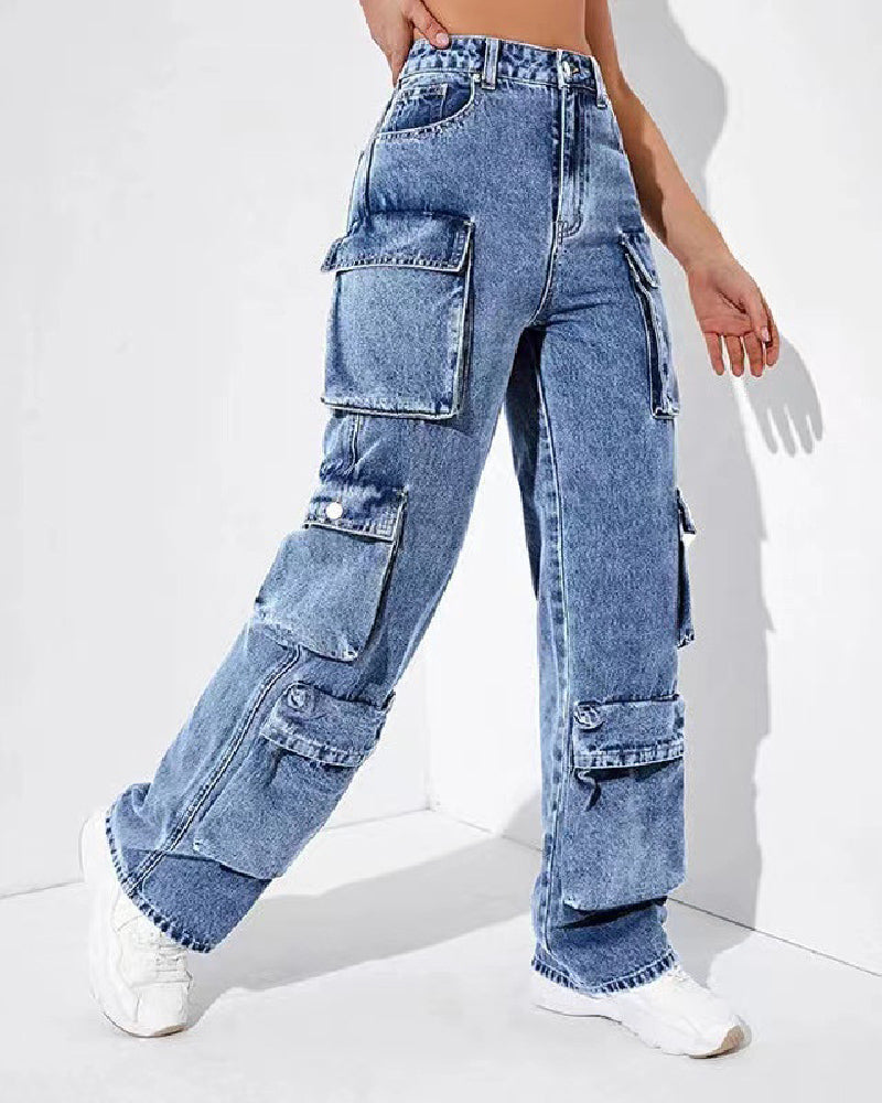 Women's Loose Fit Cargo Jeans Straight Leg Multi-Pockets Denim Pants