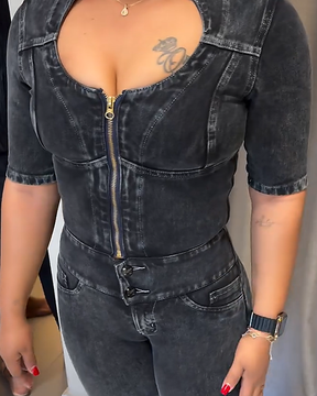 Denim Jumpsuit for Women Long Sleeve Button Down Stretch Slim Skinny Jeans (Pre-Sale)