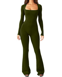 Solid Square Neck Slim Long Sleeve Flare Leg Full Length Jumpsuit