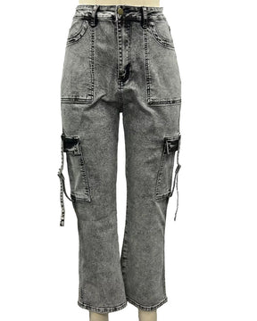 Women's Vintage Cargo Jeans Wide Leg Casual High Waisted Pants With Large Pockets