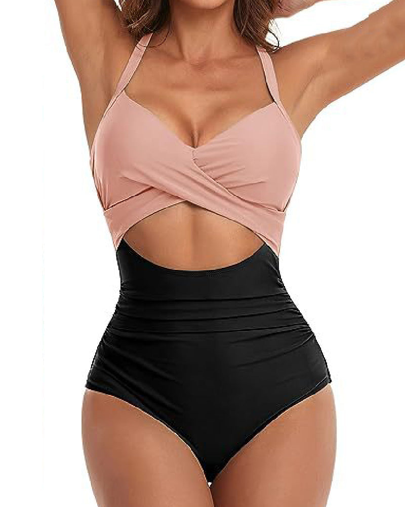 One Piece Cutout Swimsuits Tummy Control High Waist Tie Back Swimwear