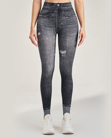 Peach Hip Denim Print Seamless Leggings for Women