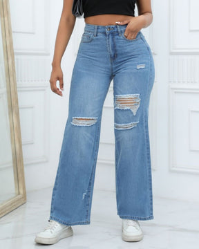 Elegant High Waist Ripped Wide-leg Jeans