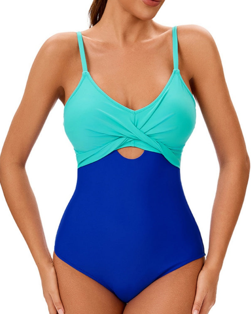 Sexy Suspender Color-blocked One-piece Swimwear Hourglass Figure