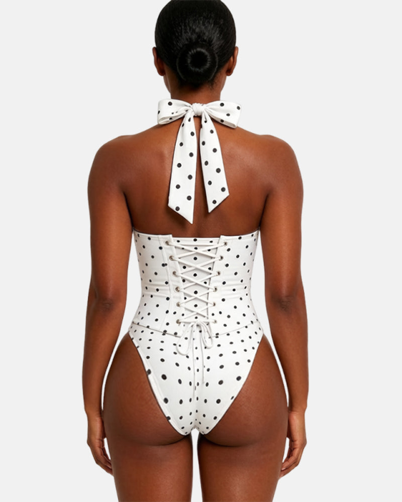 Polka Dot Halter Corset One-Piece Swimsuit