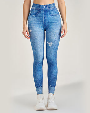 Peach Hip Denim Print Seamless Leggings for Women