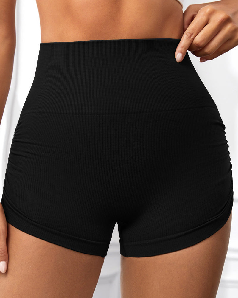 Side Drawstring High Waist Threaded Solid Color Yoga Shorts