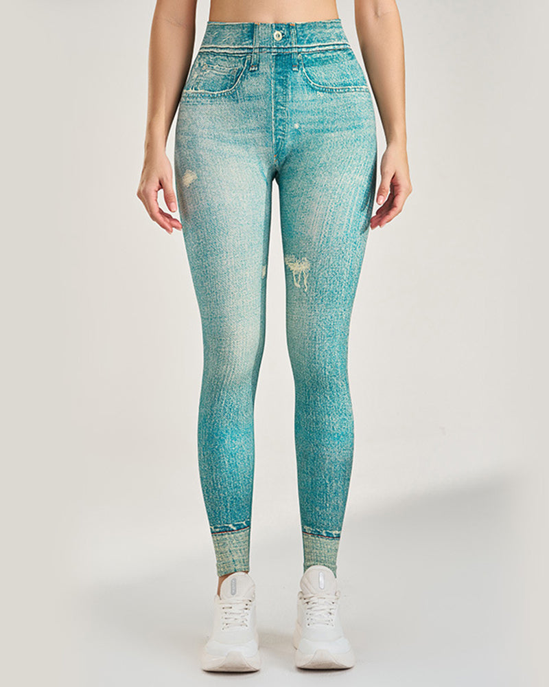 Peach Hip Denim Print Seamless Leggings for Women