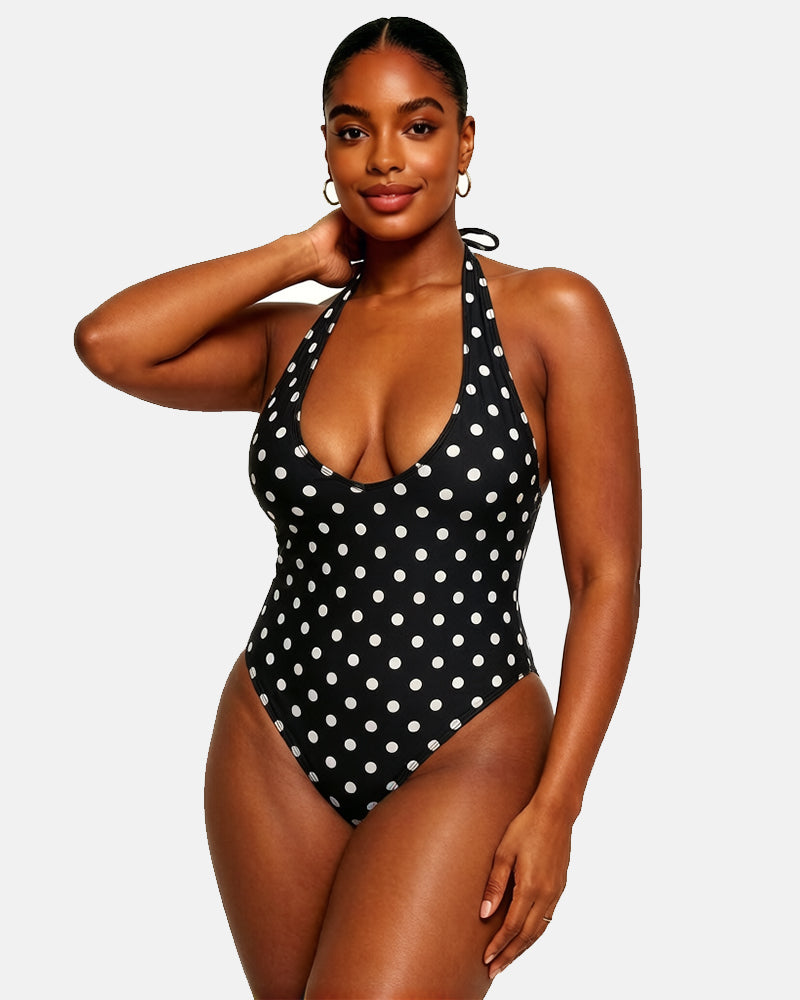 Polka Dot Halter Corset One-Piece Swimsuit