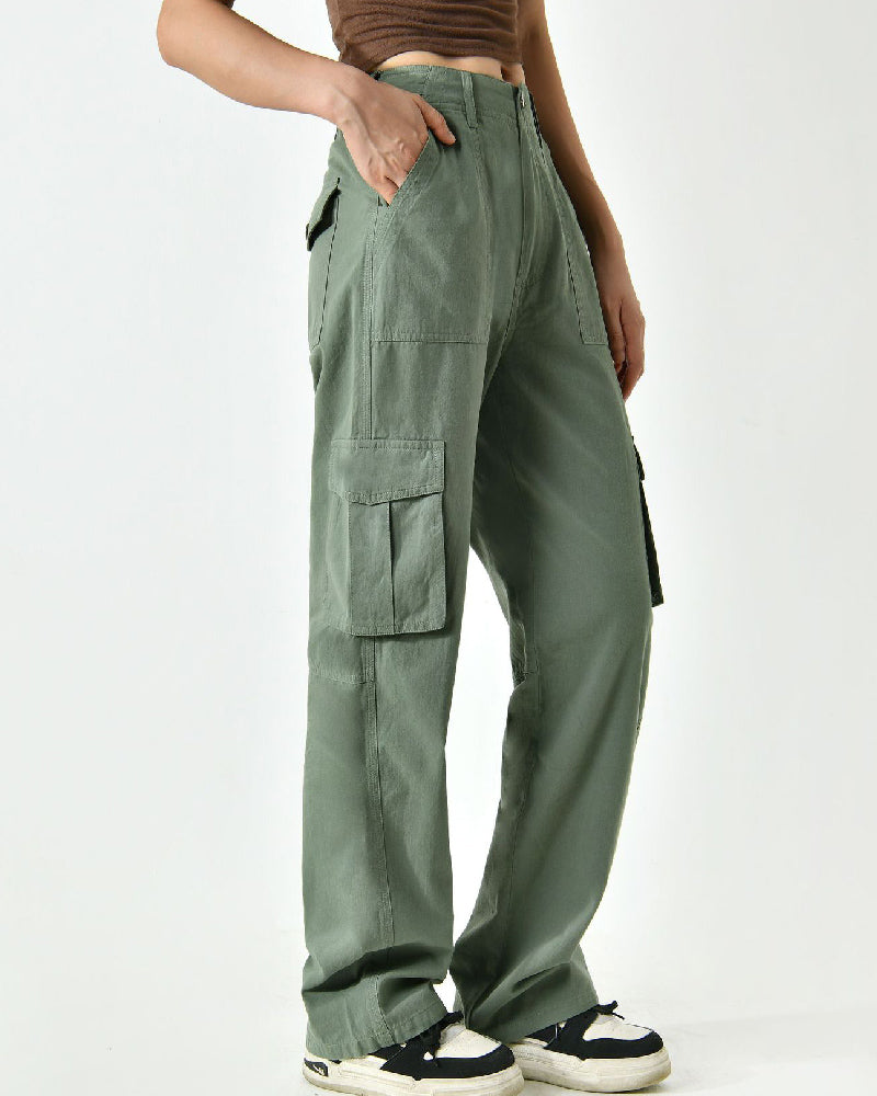 Pantalones cargo casuales de pierna recta con bolsillos con solapa y talle medio para mujer