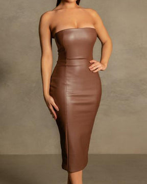 PU Leather Slim Fit Tube Top Sexy Dress with Back Slit