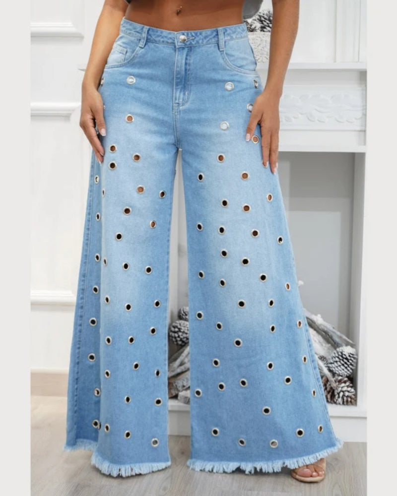 Fashion Mid Waist Wide Leg Denim Jeans With Eyelet Decorations