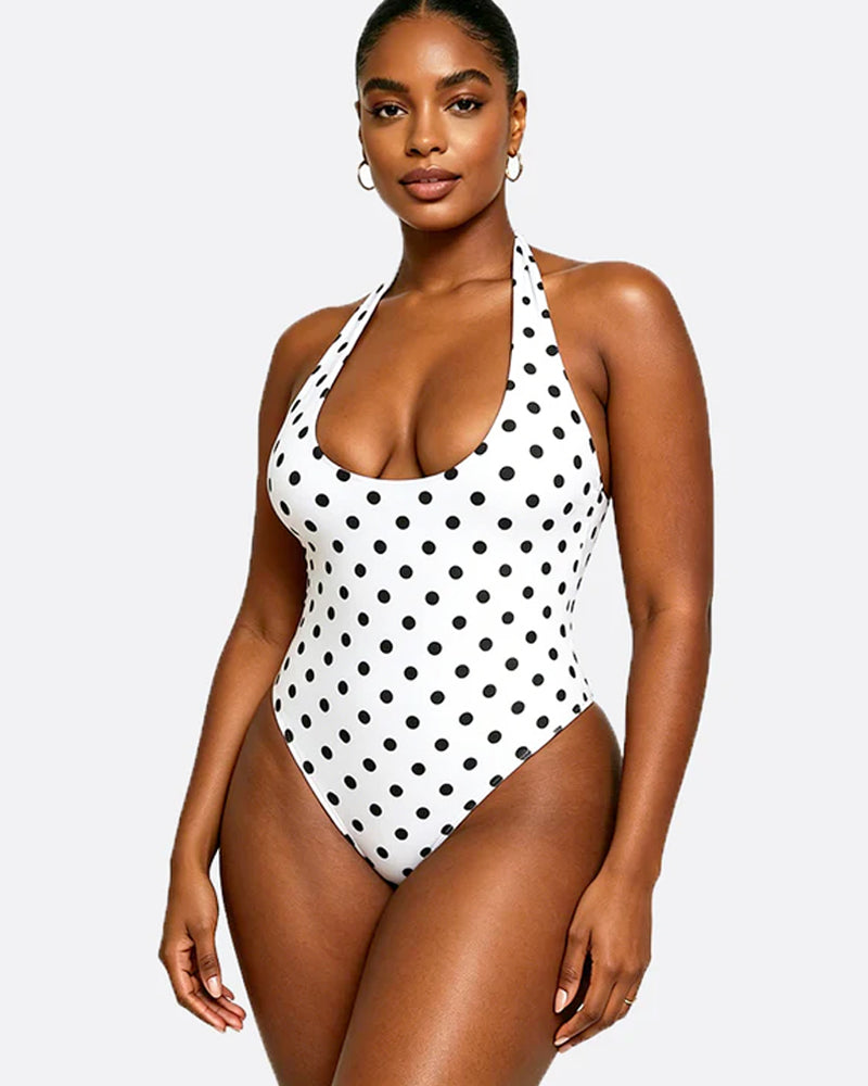 Polka Dot Halter Corset One-Piece Swimsuit