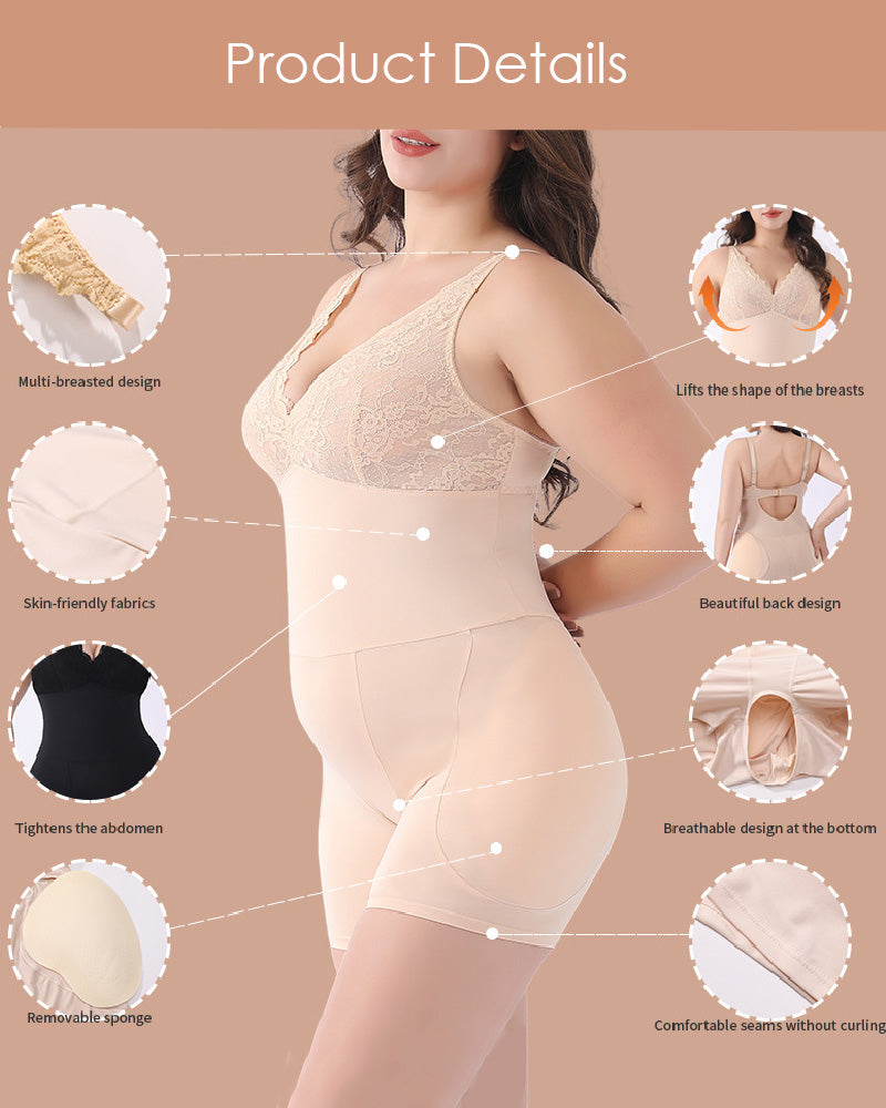 Lace Backless Underwire Open Crotch Shapewear With Removable Sponge Pad