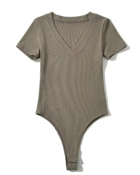 Ribbed V Neck Short Sleeve Bodysuit Top Tummy Control Thong Shapewear