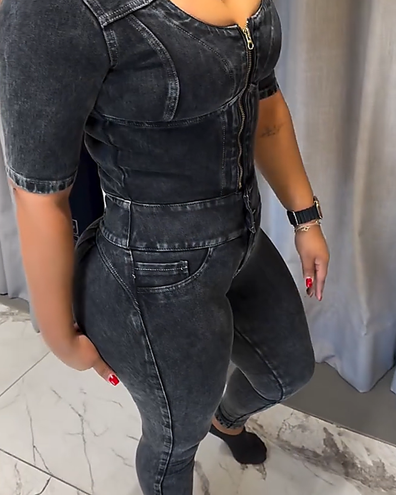 Denim Jumpsuit for Women Long Sleeve Button Down Stretch Slim Skinny Jeans (Pre-Sale)