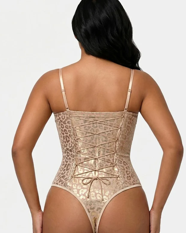 Metallic Leopard Printed Adjustable Strap Crisscross Lace Up Back Thong Shaping Bodysuit