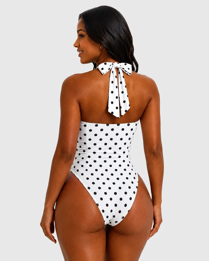Polka Dot Halter Sweetheart Neck Ruched Back Bow Tie High Leg One-piece Swimsuit