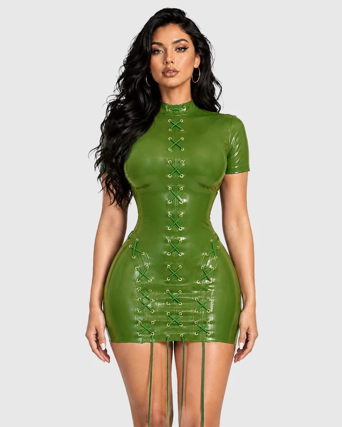 Faux Leather Lace Up Short Sleeve Bodycon Mini Dress