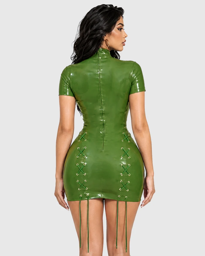 Faux Leather Lace Up Short Sleeve Bodycon Mini Dress