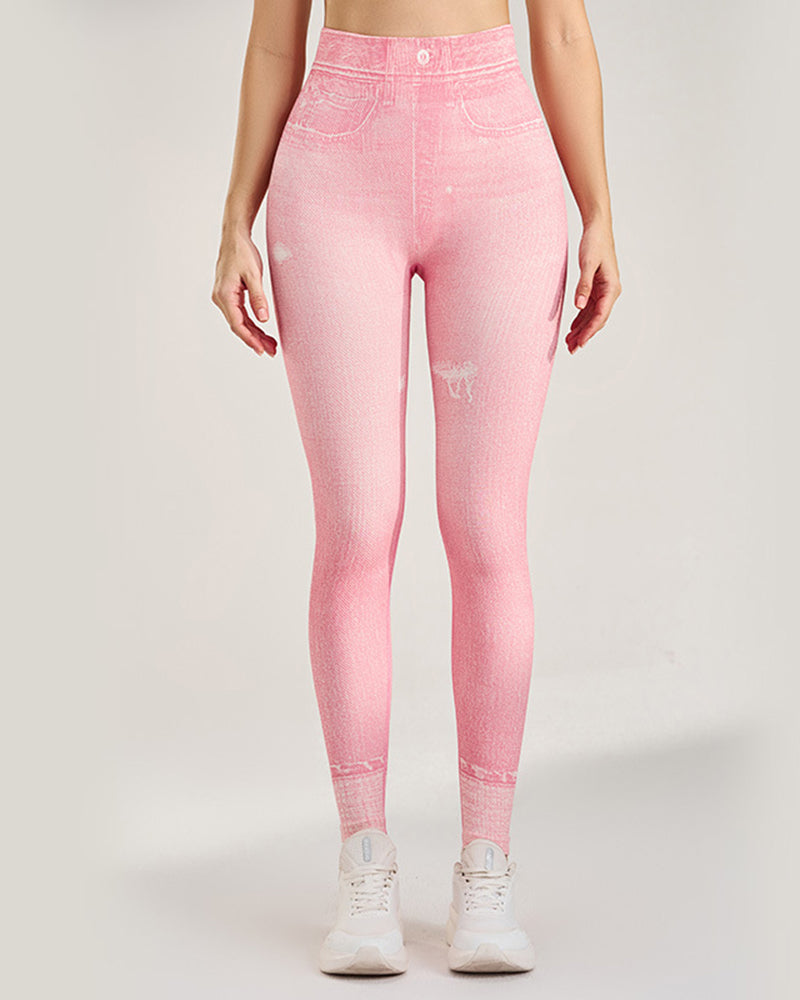 Peach Hip Denim Print Seamless Leggings for Women