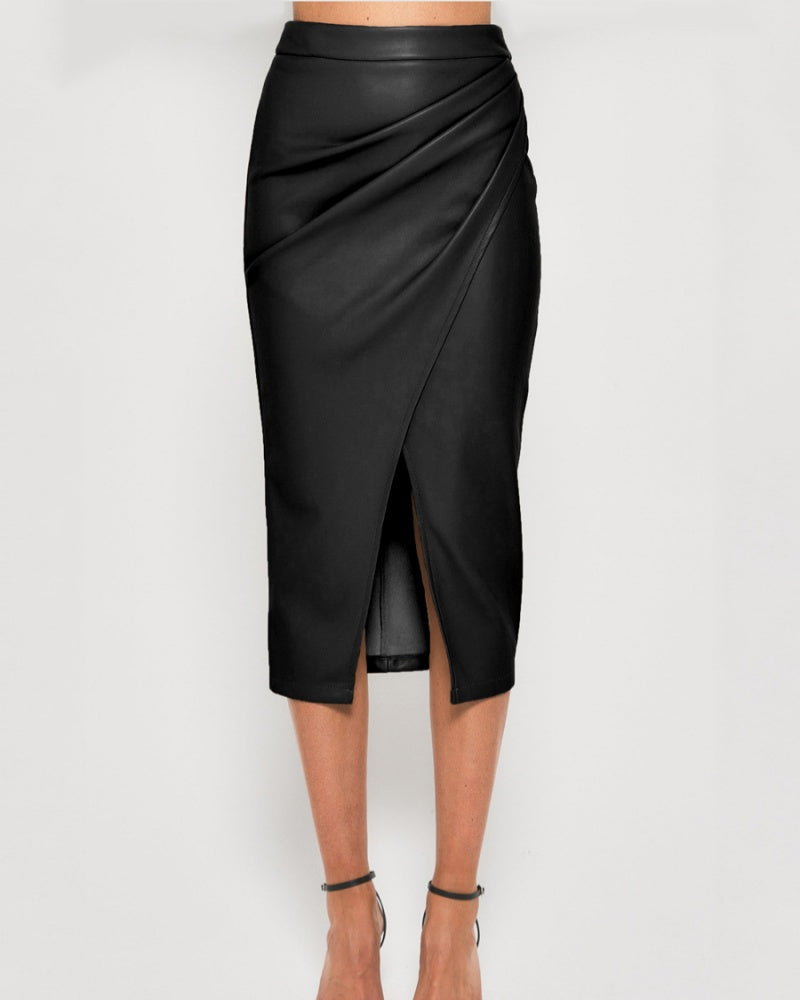 PU Slit Skirt High Waist Zipper Pleated Leather Skirt