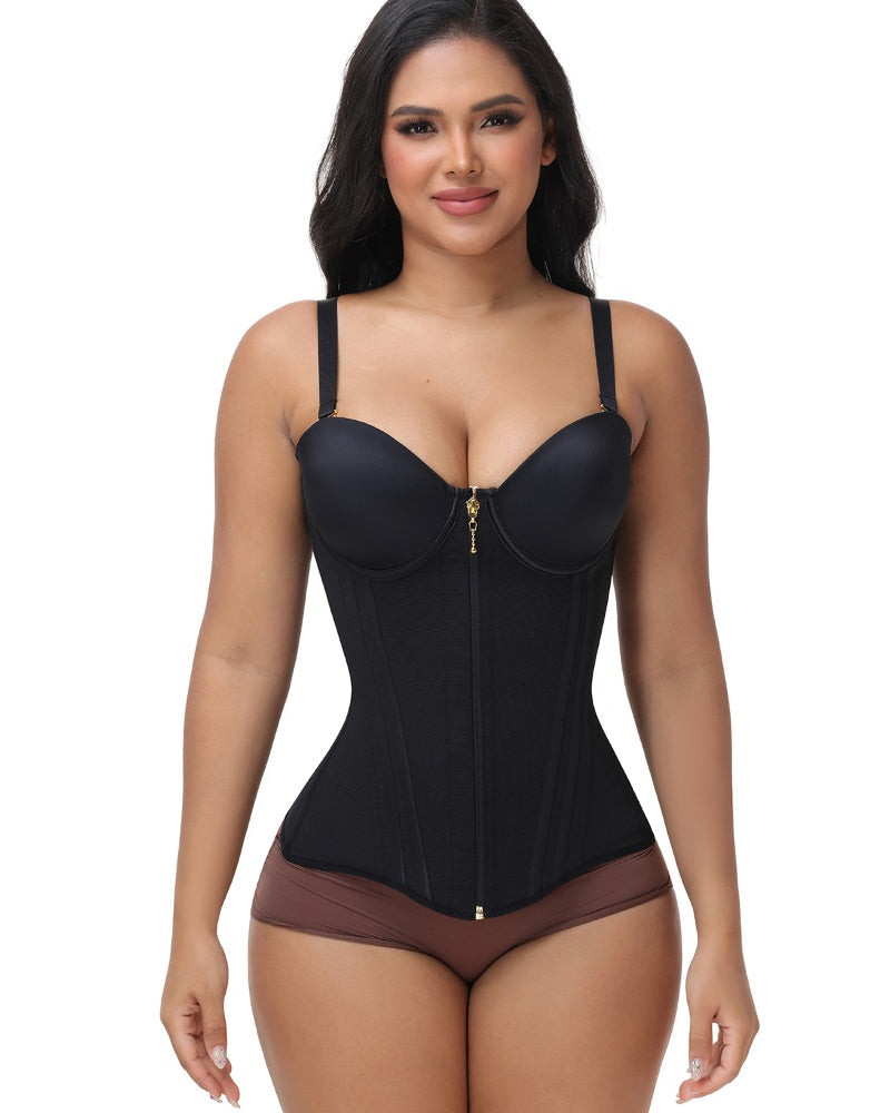 Black Front Zipper Corset Waist Trainer with Adjustable Straps