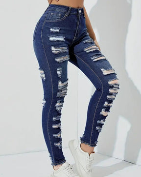 Ripped Raw Edge High Elastic Skinny Jeans