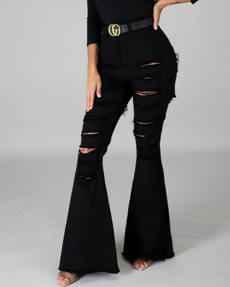 High-Waisted Broken Hole Flared Jeans for Women