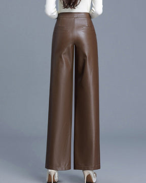 Versatile PU Leather Wide-leg Leather Pants for Women High Waist Slim Straight Pants