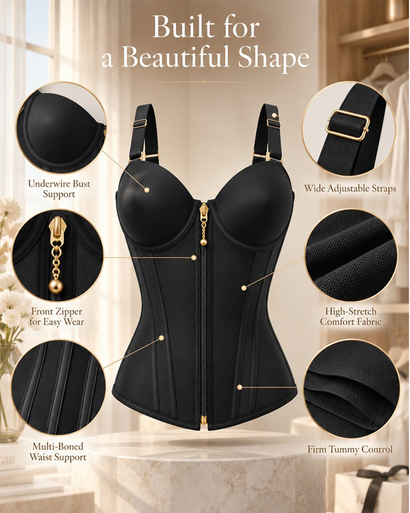 Black Front Zipper Corset Waist Trainer with Adjustable Straps